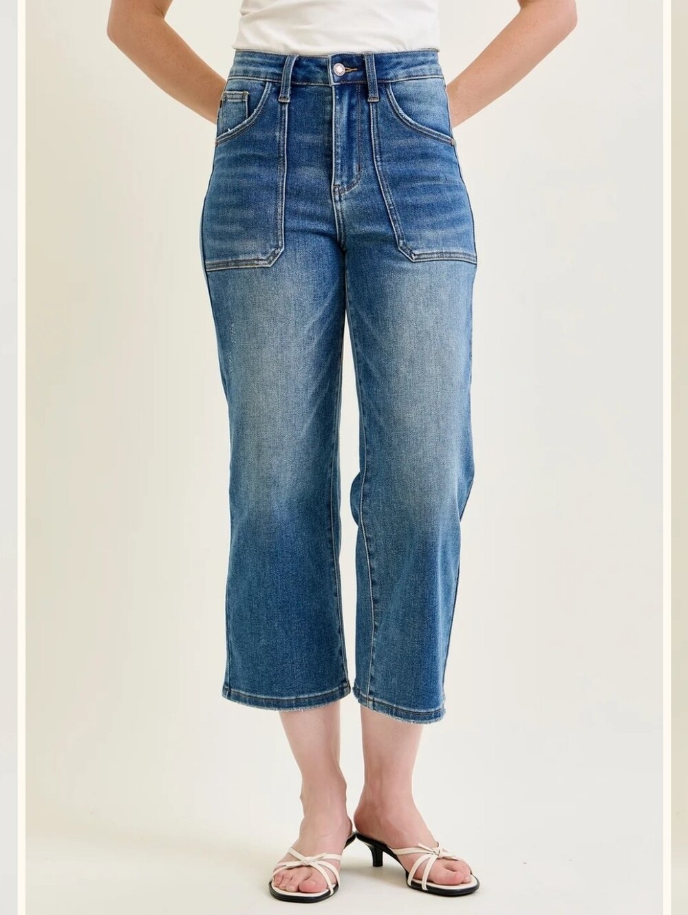 Judy Blue Lux Utility Pockets Cropped Wide Leg Jeans 30 Patch Pockets Stretch